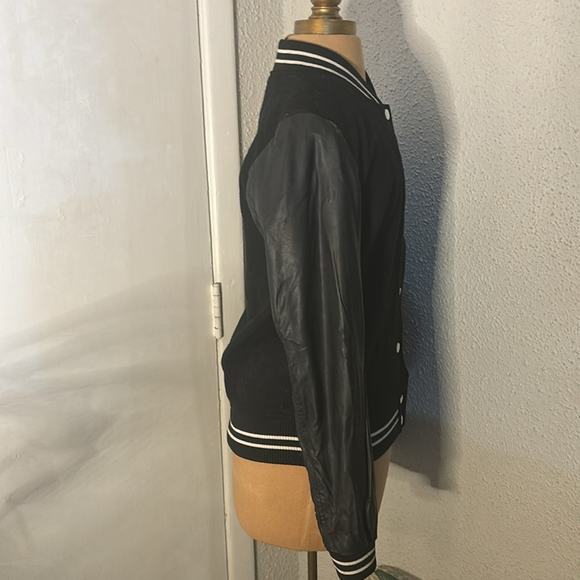 Forever 21 Faux Leather Black/White Moto Varsity Bomber Jacket S Thriller Biker - Picture 6 of 14